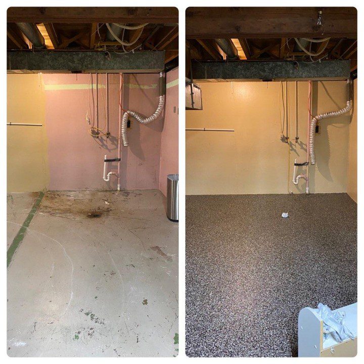 A before and after picture of the floor in a garage.