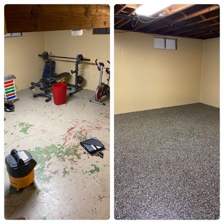 A before and after picture of the basement.